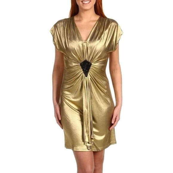 Trina Turk Liquid Gold Carrington Metallic Sequin Beaded V-Neck Dress 6 NWT - Picture 2 of 13